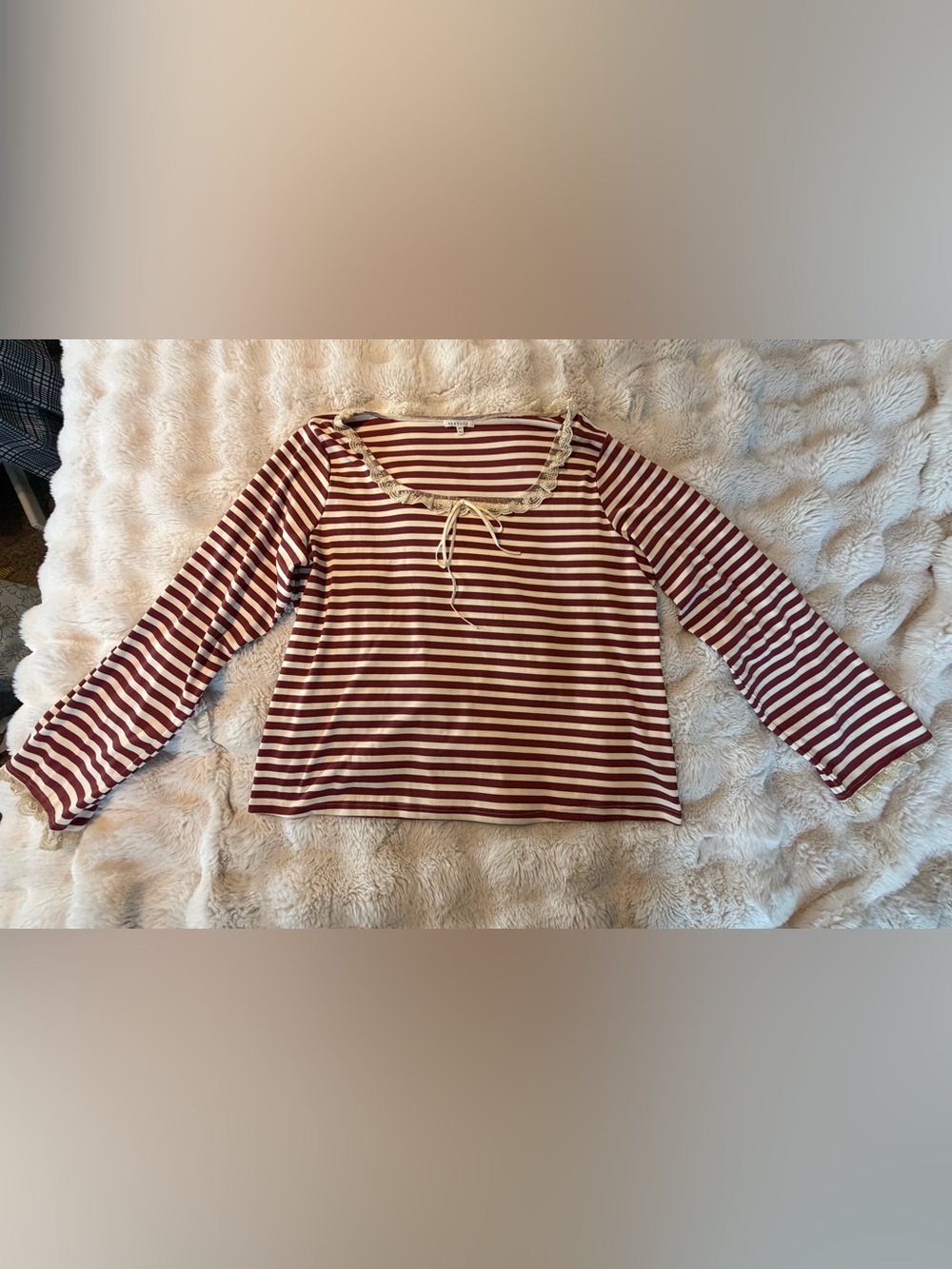 Baevely 2XL Burgundy Striped Lace Bow Long Sleeve Top Coquette Cottagecore